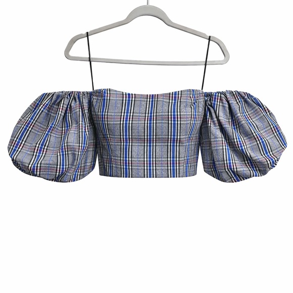 Plaid Off Shoulder Puff Sleeve Crop Top Y2K Preppy Size M NWT - Picture 6 of 7